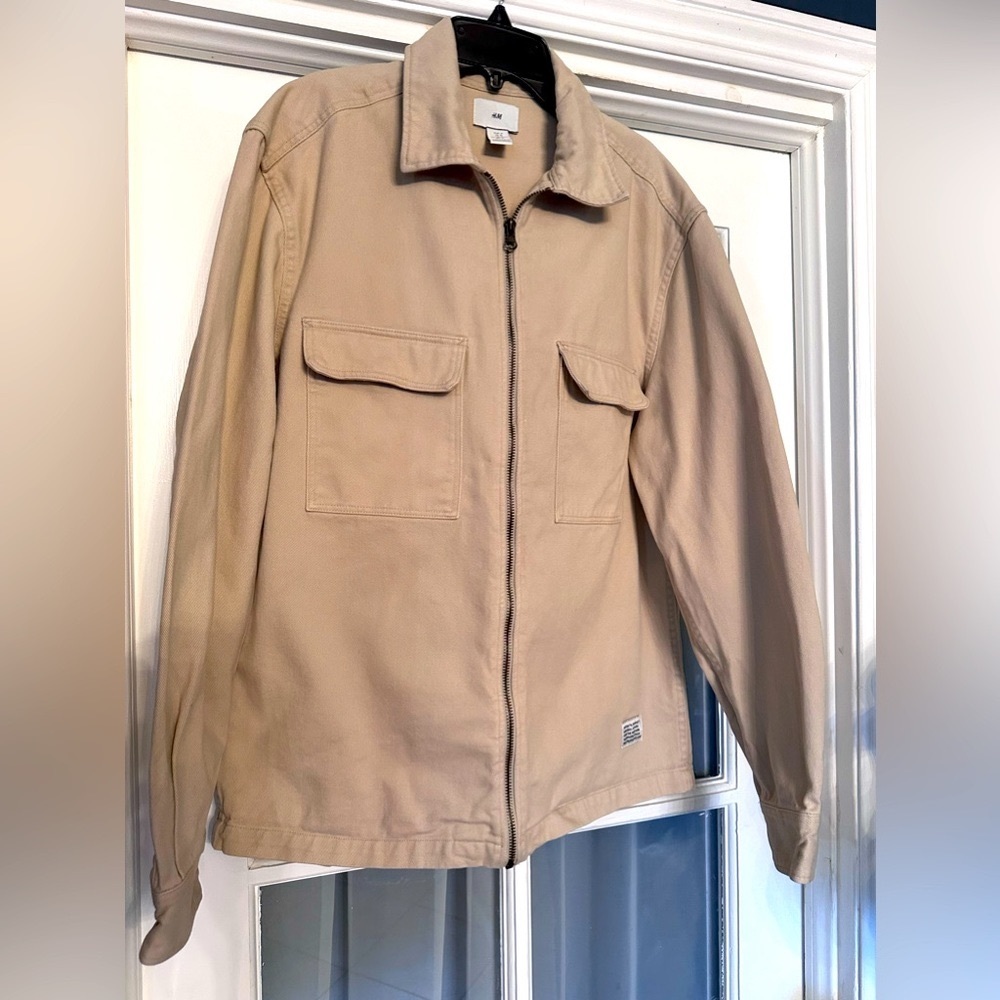 🚶‍♂️HM Jacket Mens M Beige Zip Up Collared Pockets
